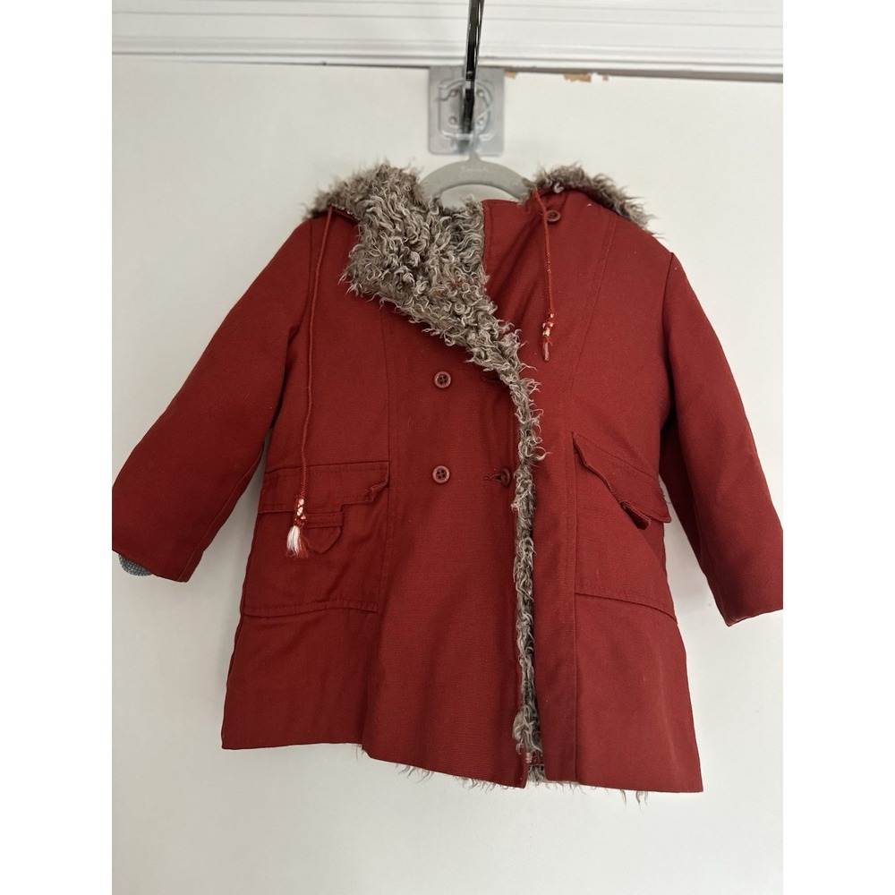 VTG 60s Kids Rainbow faux fur Lined Red canvas Hooded Parka Winter jacket